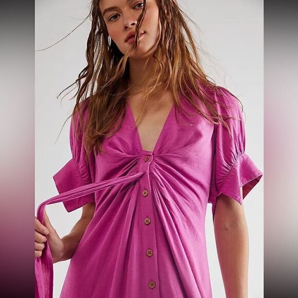 NEW FREE PEOPLE ENDLESS SUMMER VINTAGE SUMMER RUCHED BUTTON MIDI DR… - Picture 3 of 3